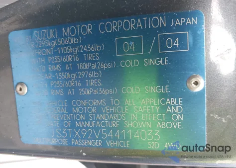 2004 Suzuki Xl-7 Ex/Lx z USA, uszkodzony, nr VIN JS3TX92V544114033